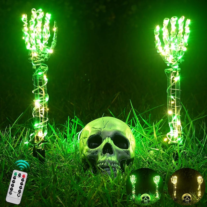 Sinranac Maxee Halloween Luminous Skeleton Skull Set, 1 Skull & 2 Skull Hands with 5 m Fairy Lights & Remote Control (8 Modes & Timer), 2 Warm Fairy Lights (3 Modes), Halloween Decoration for Outdoor Garden - Image 1